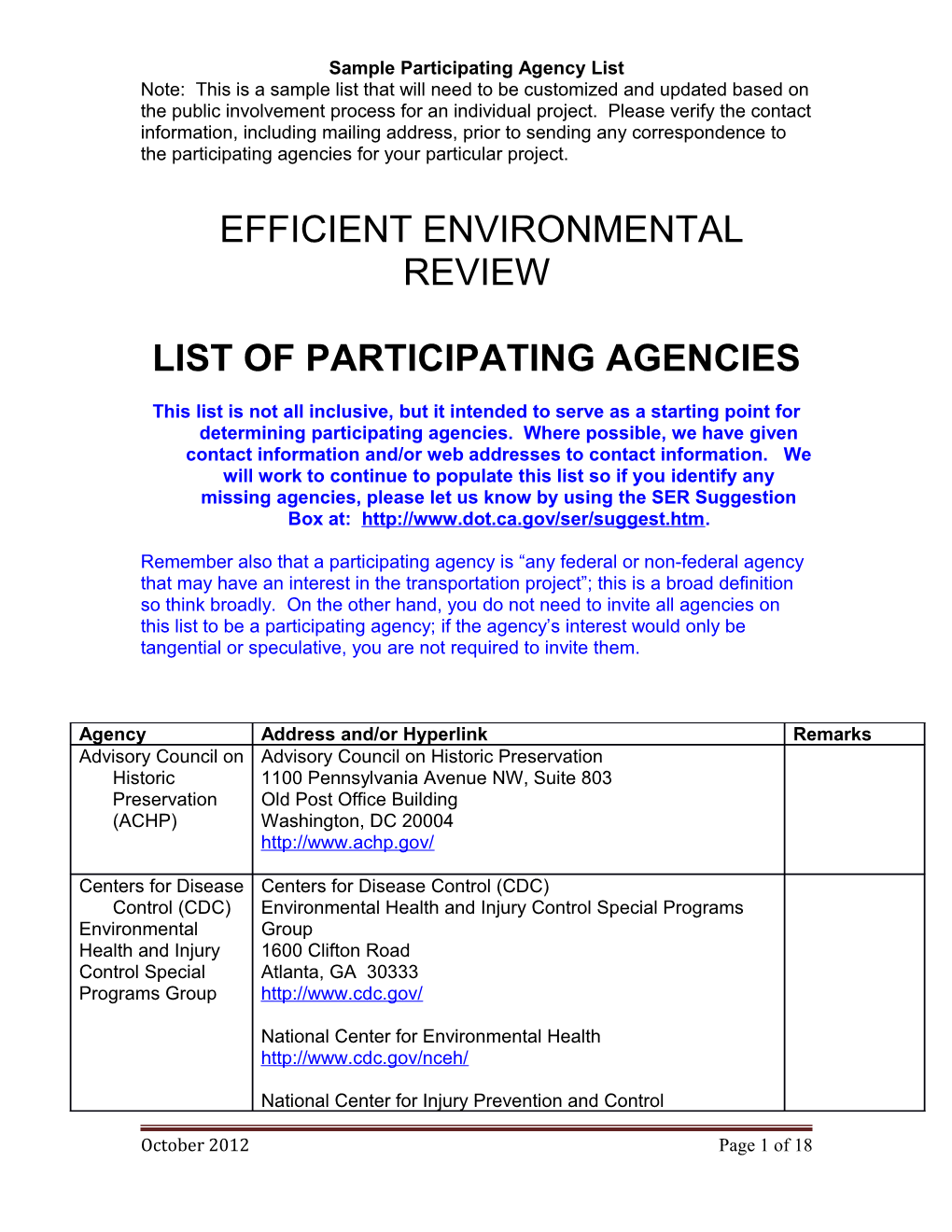 Sample Participating Agency List