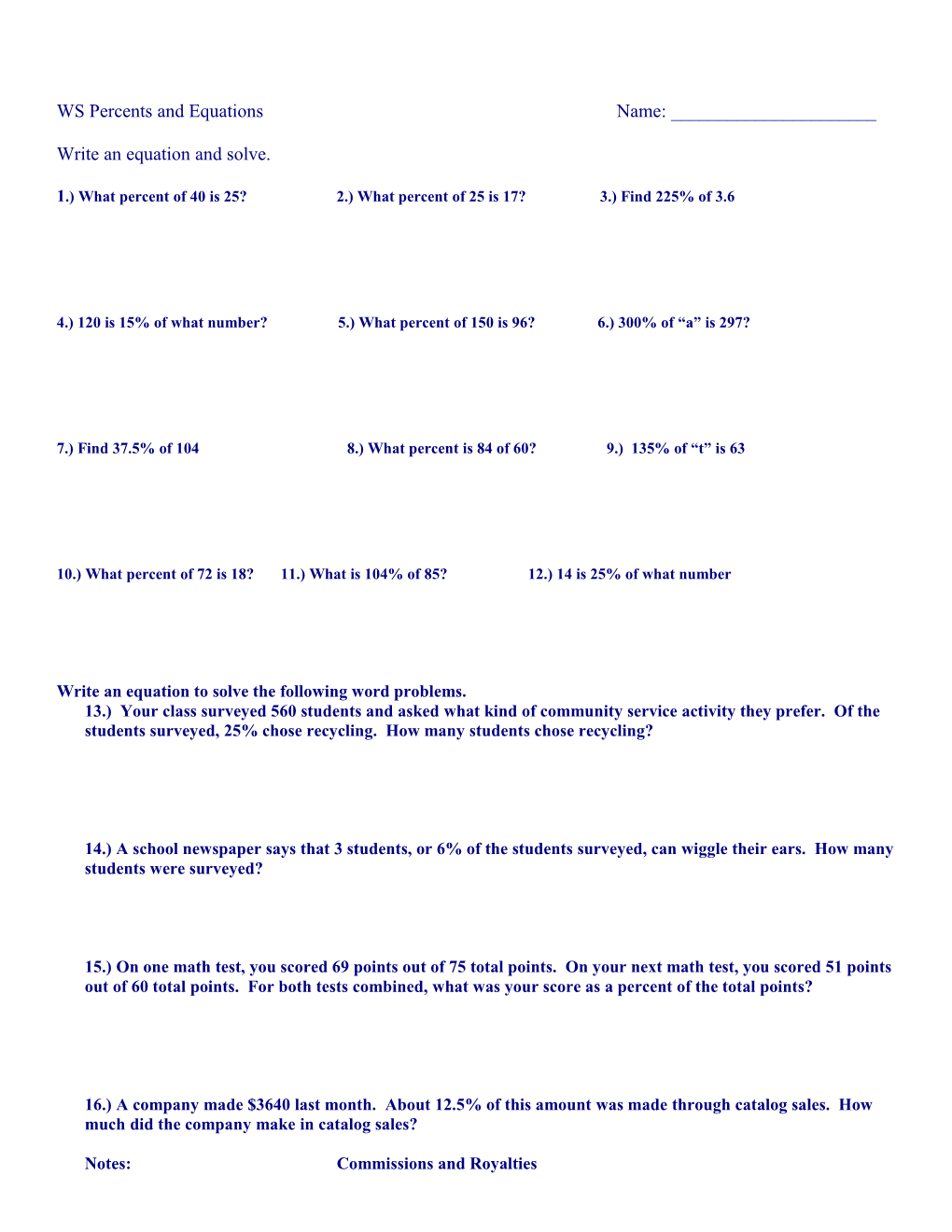 WS Percents and Equations Sec