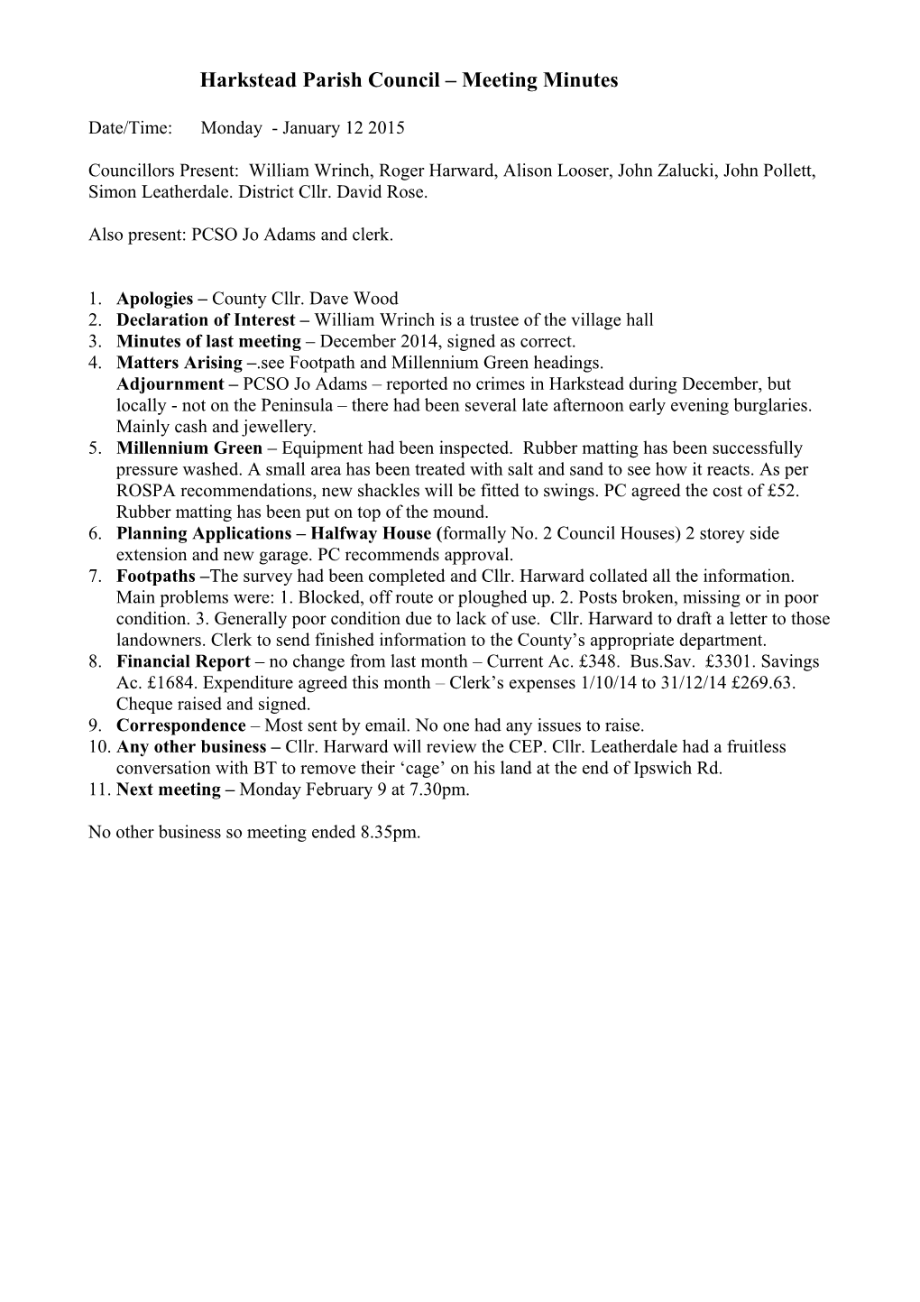 Harkstead Parish Council Meeting Minutes