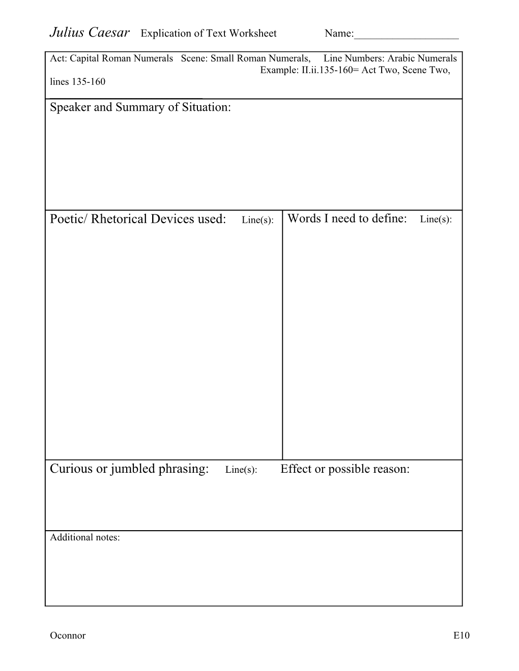 Julius Caesar Explication of Text Worksheet