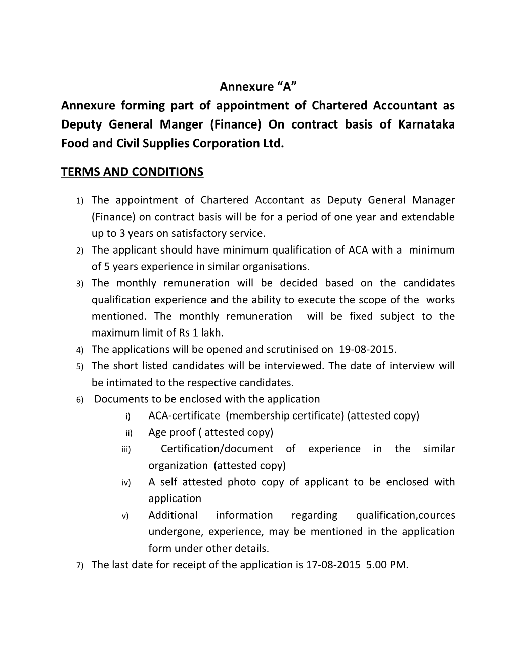 Annexure Forming Part of Appointment of Chartered Accountant As Deputy General Manger