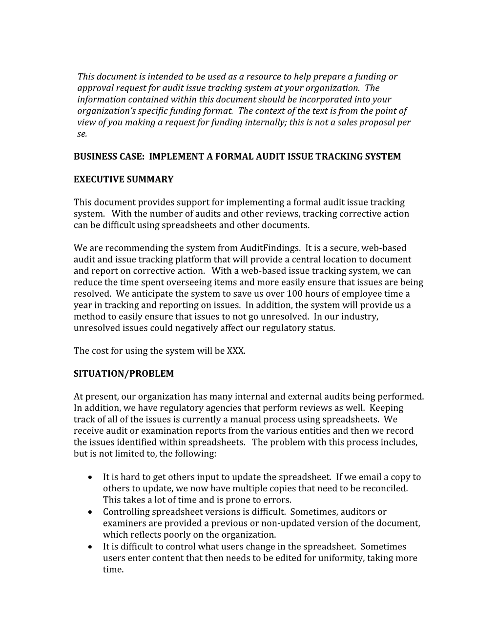 Business Case: Implement a Formal Audit Issue Tracking System