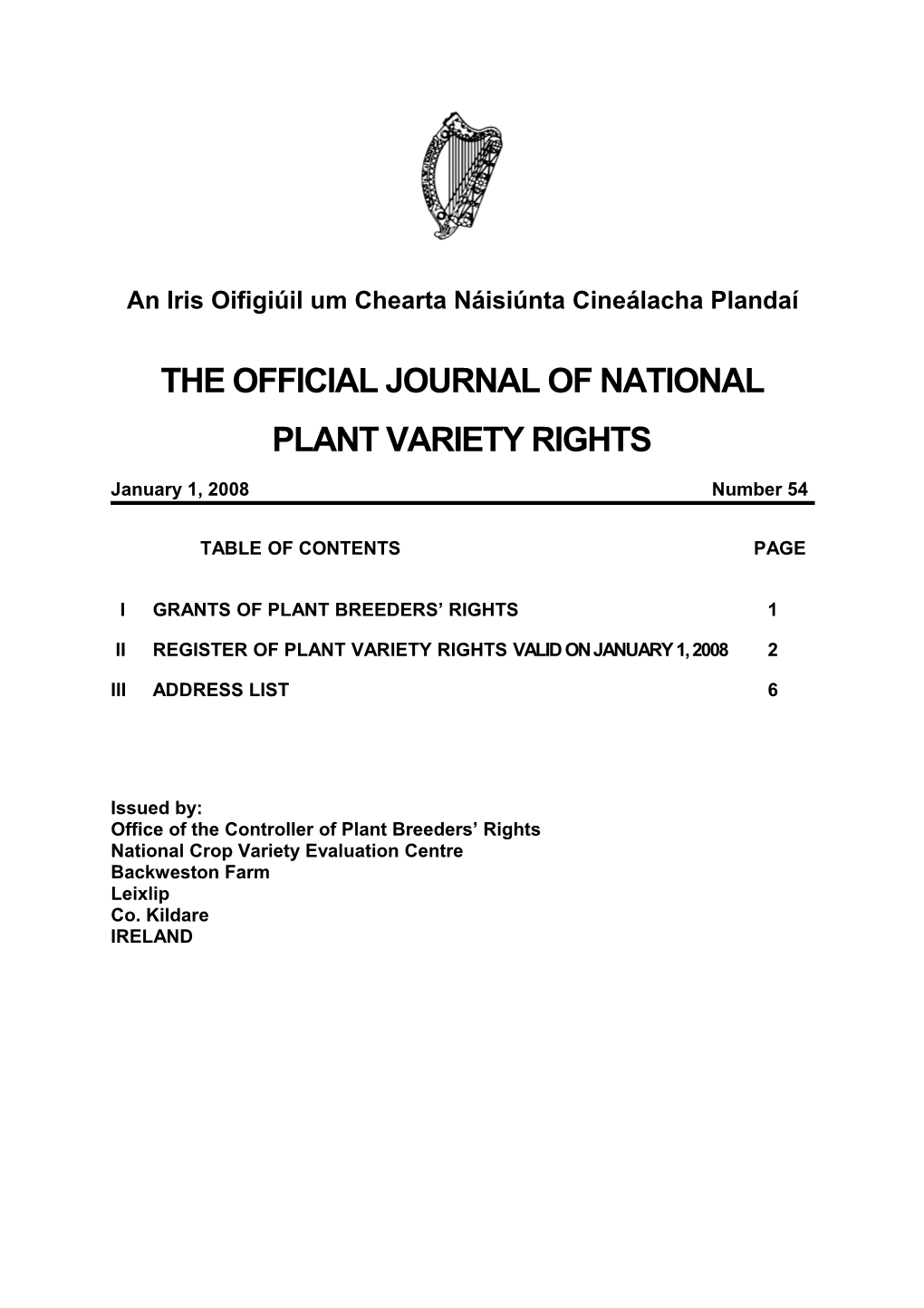 The Official Journal of National Plant Variety Rights