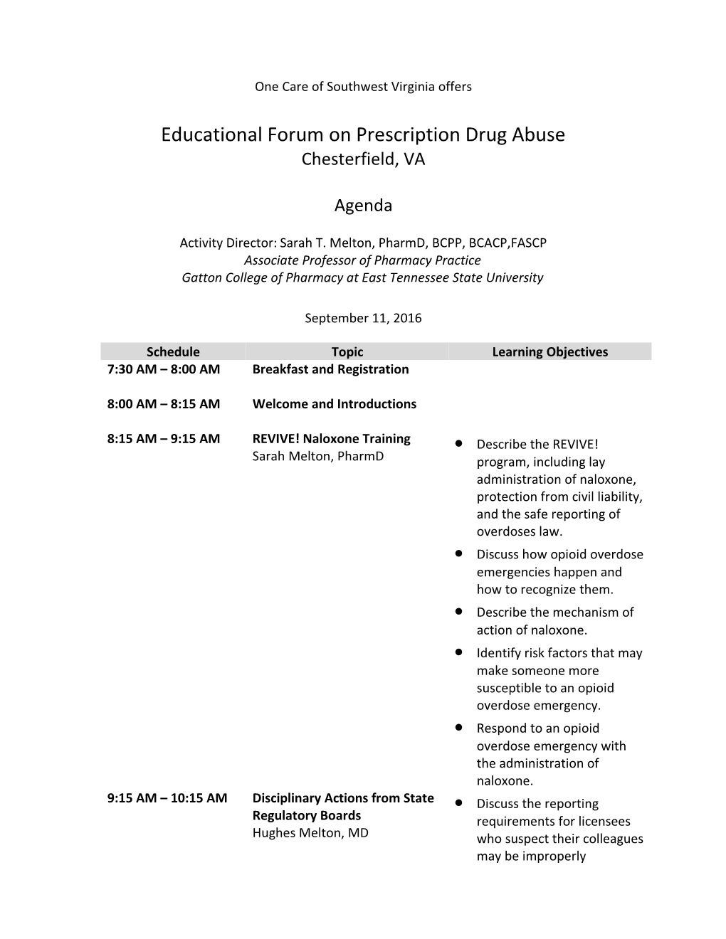 Agenda for Substance Abuse Forum