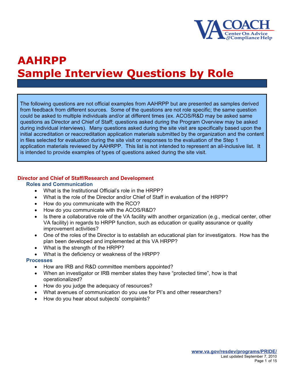 AAHRPP Sample Interview Questions by Role