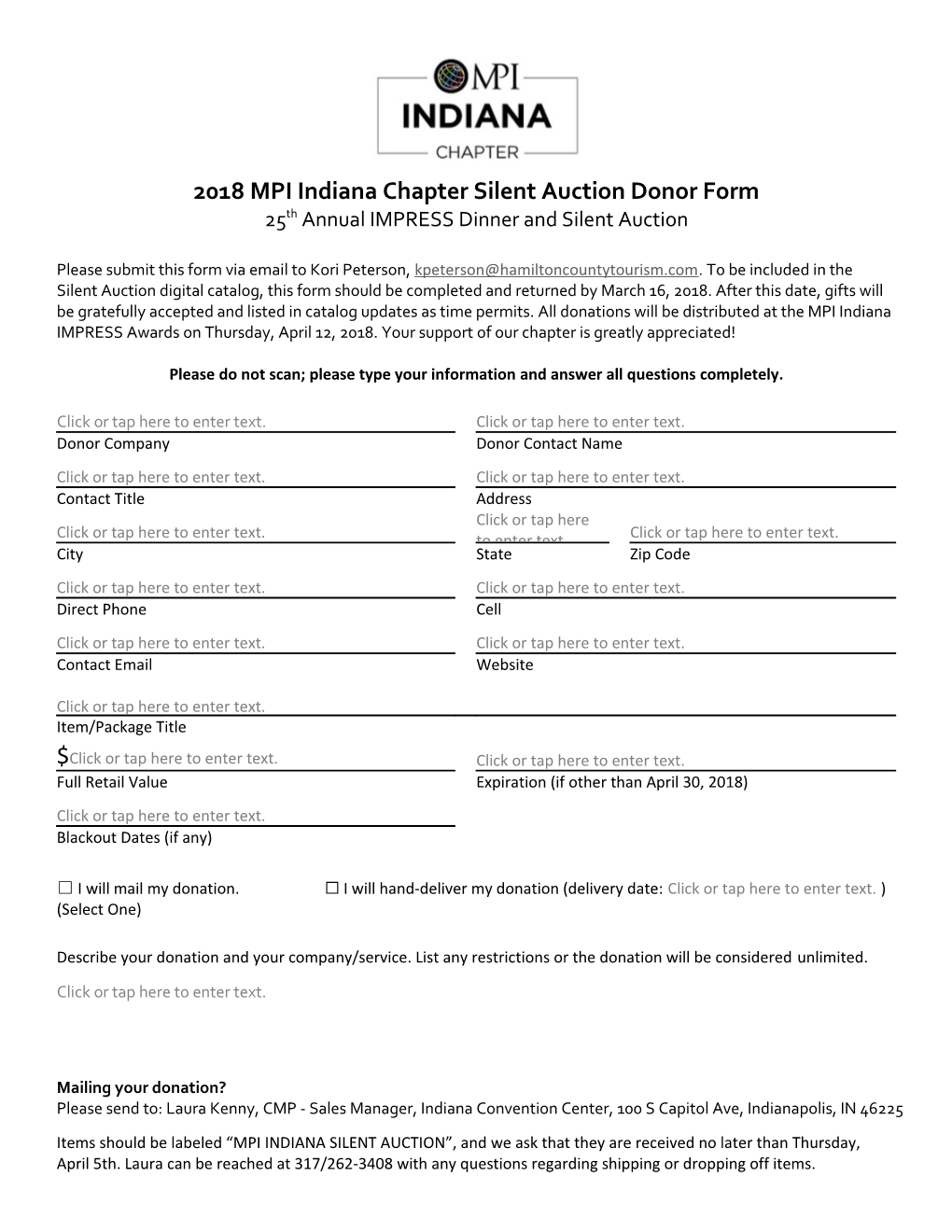 2018 MPI Indiana Chapter Silent Auction Donor Form