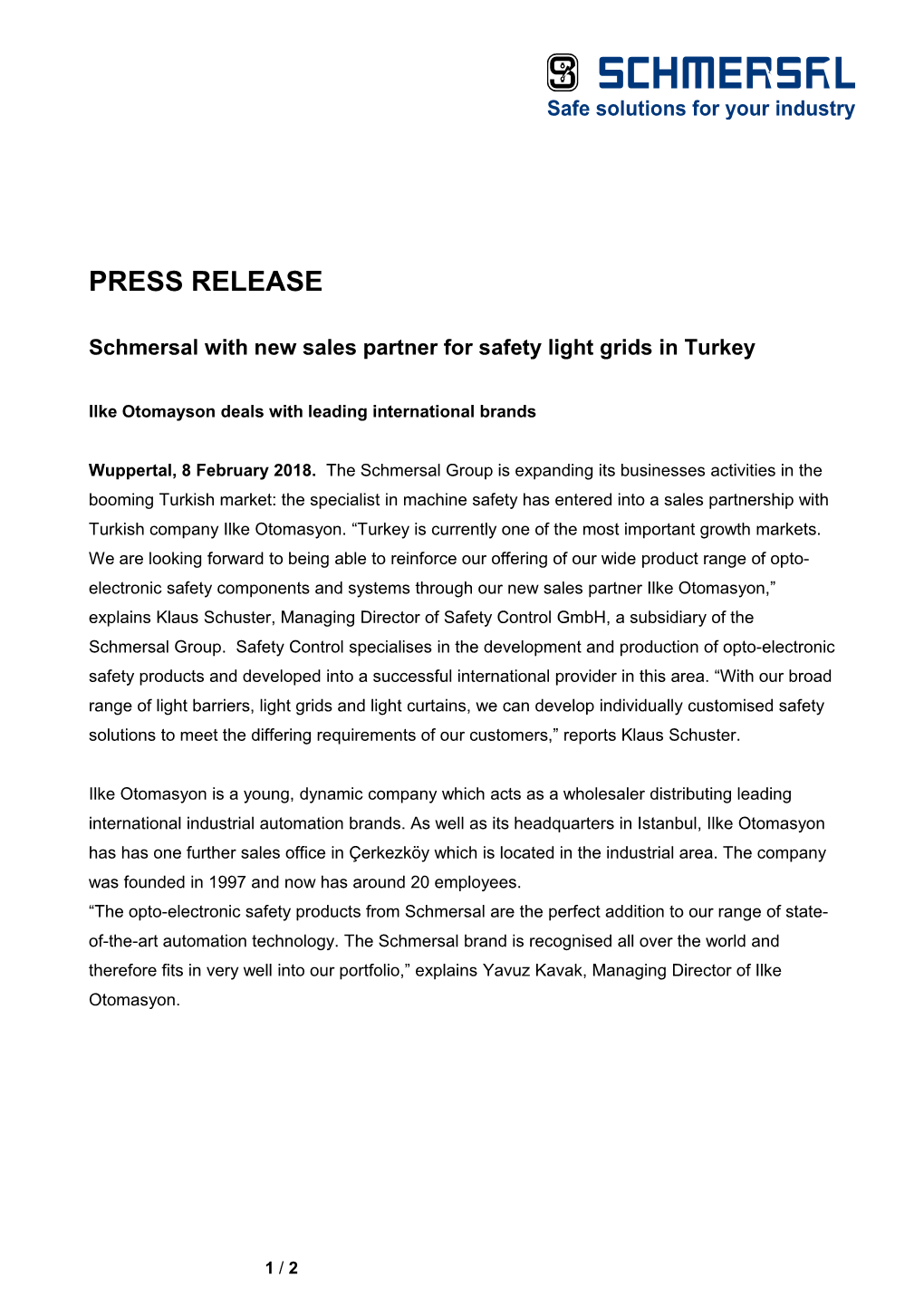 Schmersal with New Sales Partner for Safety Light Grids in Turkey