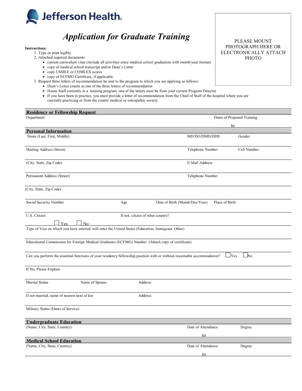 Application for Rotation at Thomas Jefferson University Hospital by Residents/Fellows From