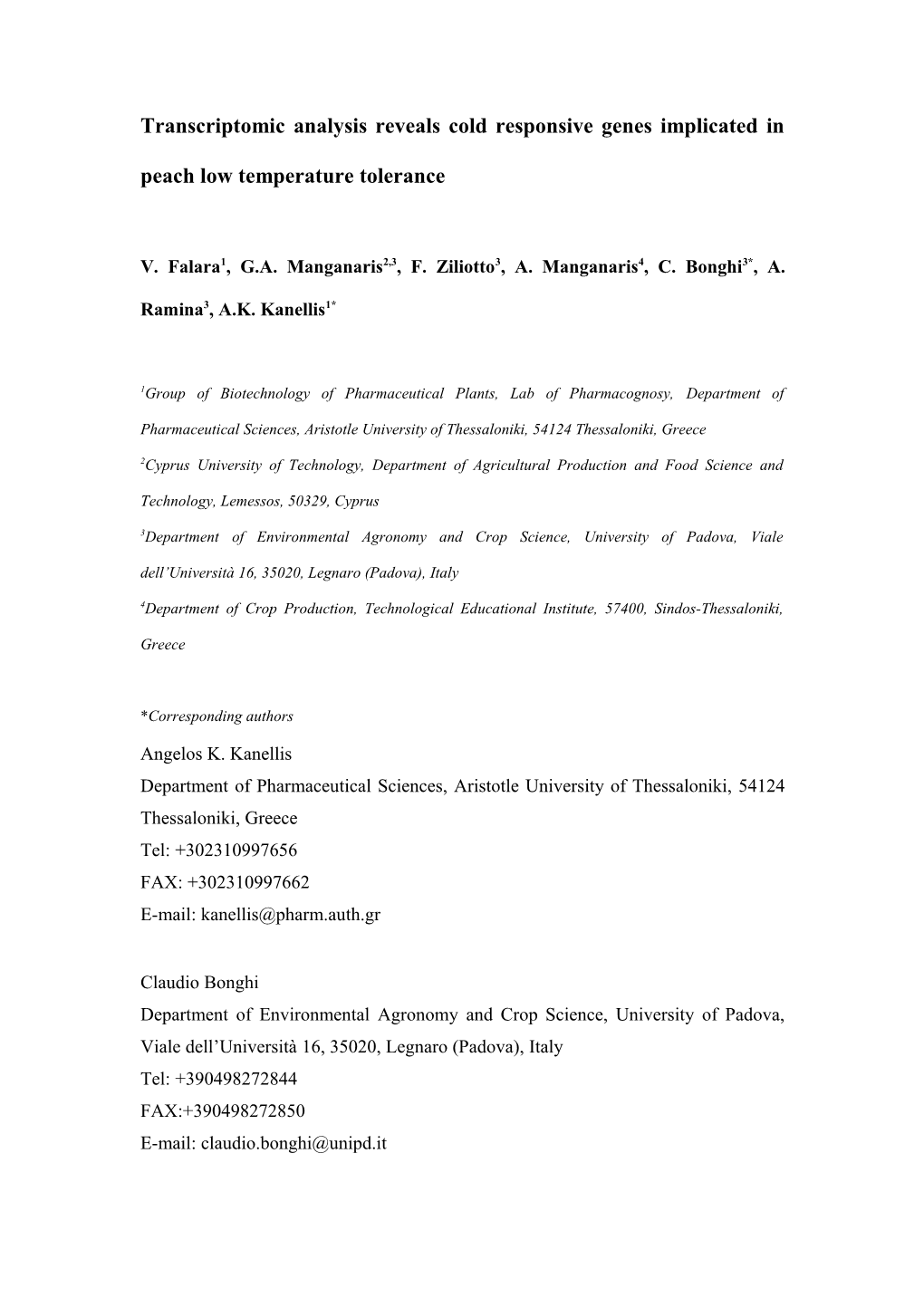 Transcriptomic Analysis Reveals Cold Responsive Genes Implicated in Peach Low Temperature