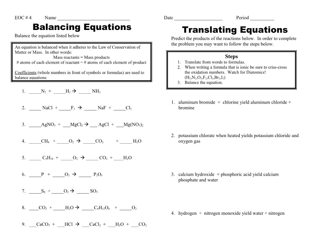 Balancing Equations