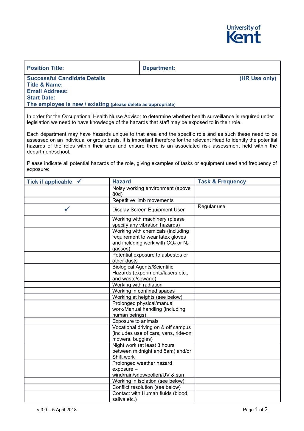 Resourcing/ Occupational Hazard Identification Form (HIF)