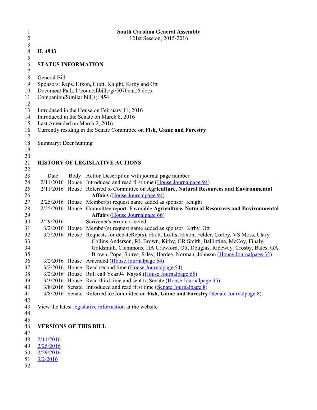 2015-2016 Bill 4943: Deer Hunting - South Carolina Legislature Online