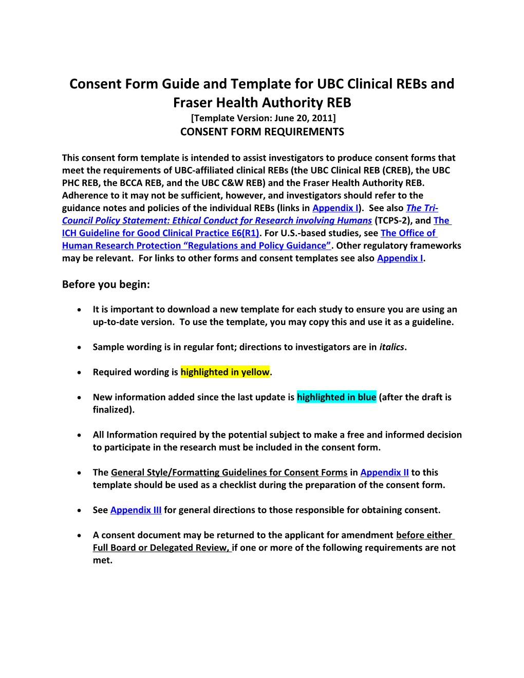 Consent Form Template Version June 20, 2011 (UBC-Affiliated Rebs and FHA REB) 1