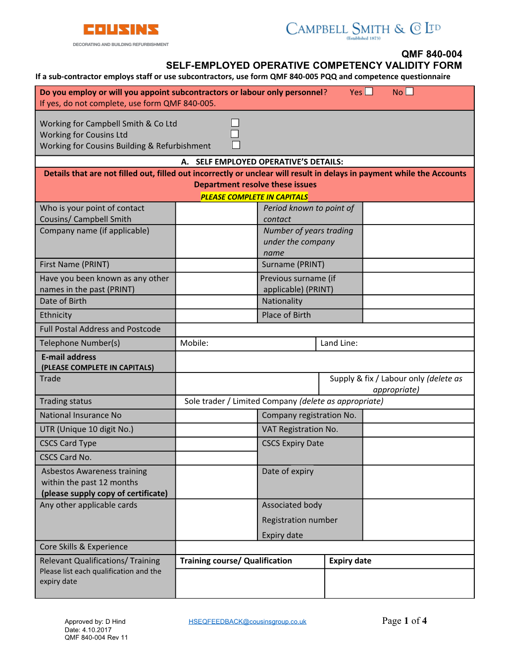 Self-Employed Operative Competency Validity Form