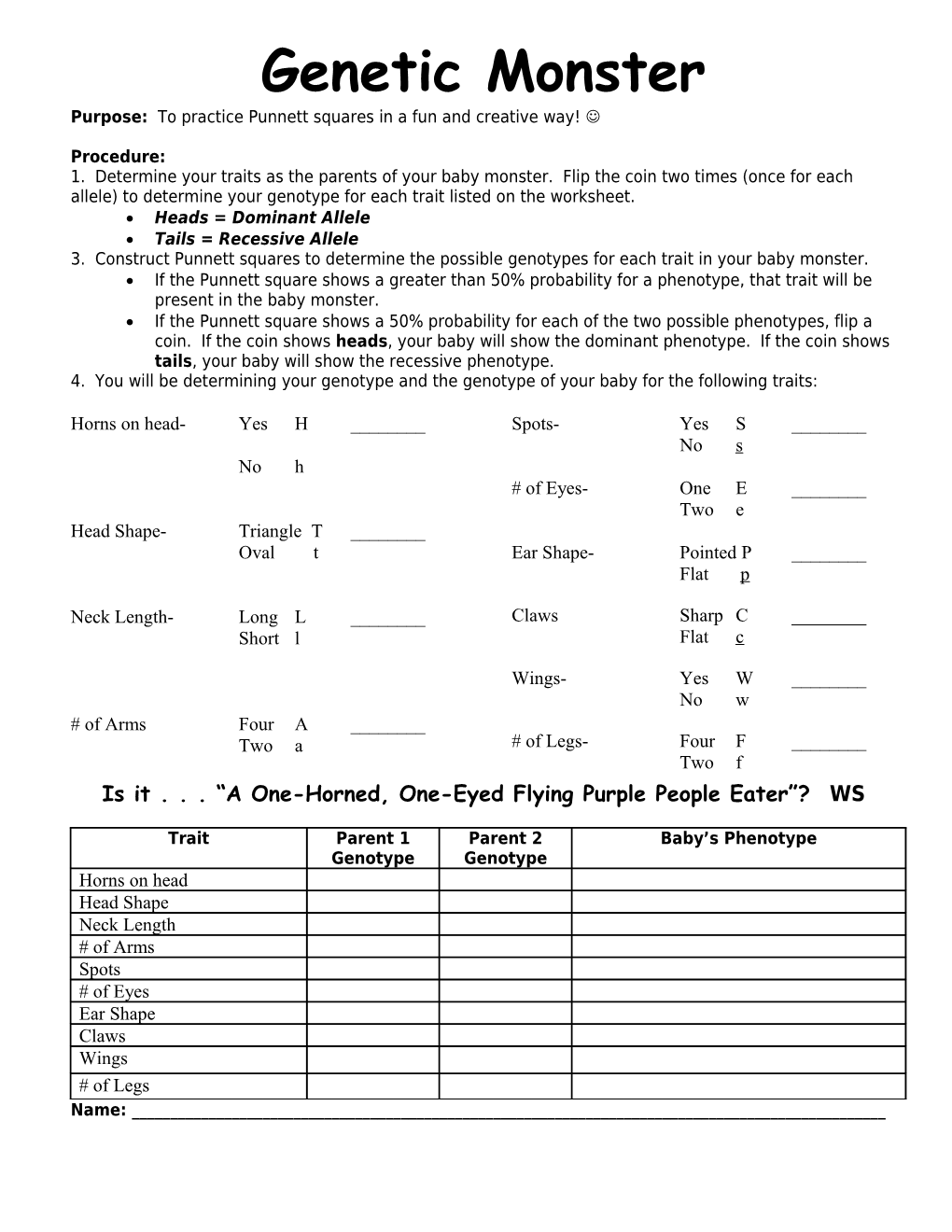 Purpose: to Practice Punnett Squares in a Fun and Creative Way! J