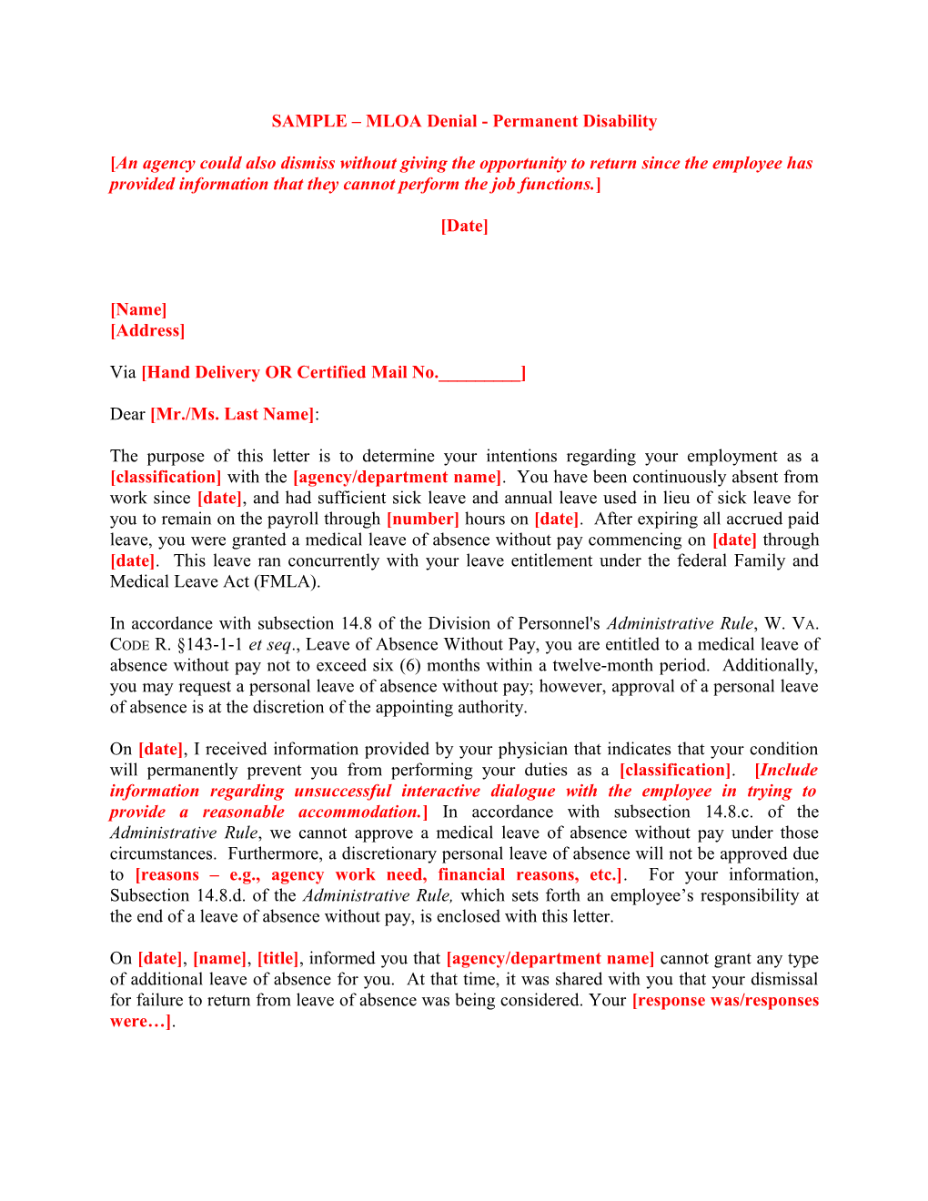 SAMPLE MLOA Denial - Permanent Disability