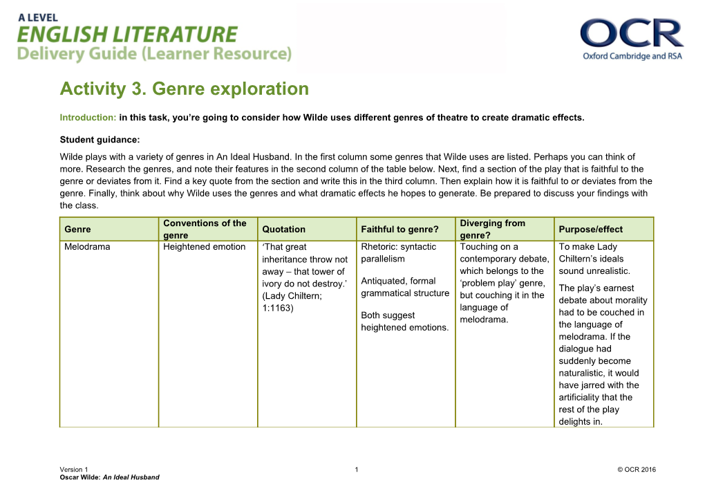 OCR a Level English Literature Delivery Guide Learner Resource Content Activity 3 - Genre