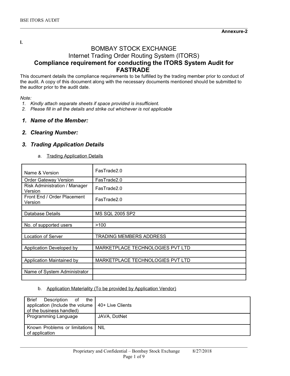 Compliance Requirement for Conducting the ITORS System Audit for FASTRADE