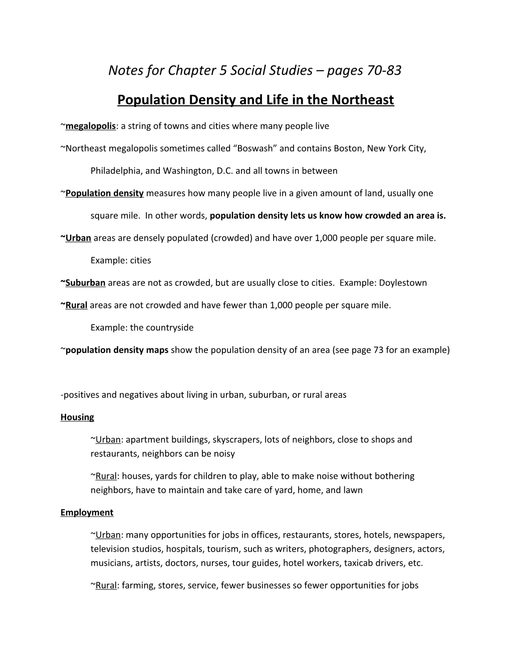 Population Density and Life in the Northeast