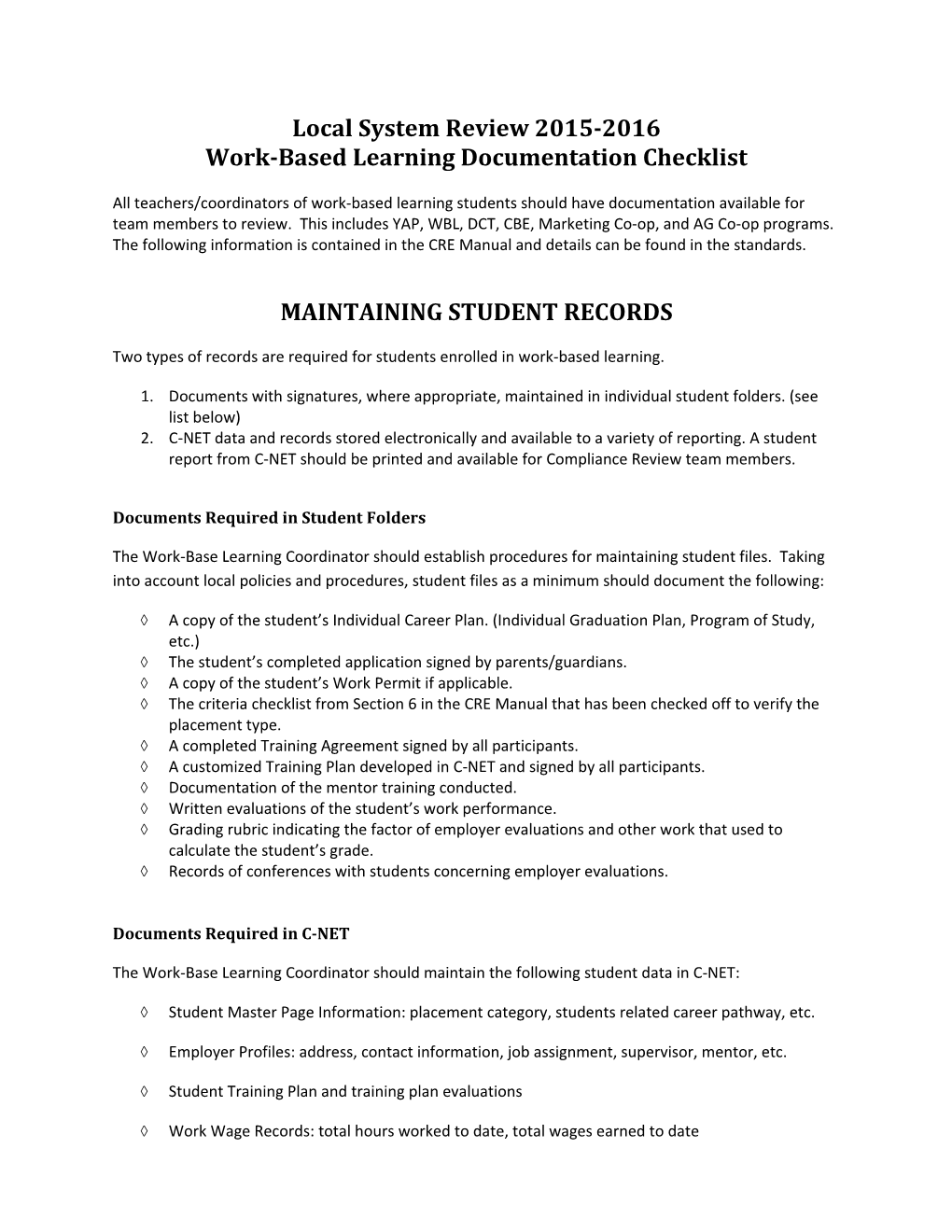 Work-Based Learning Documentation Checklist