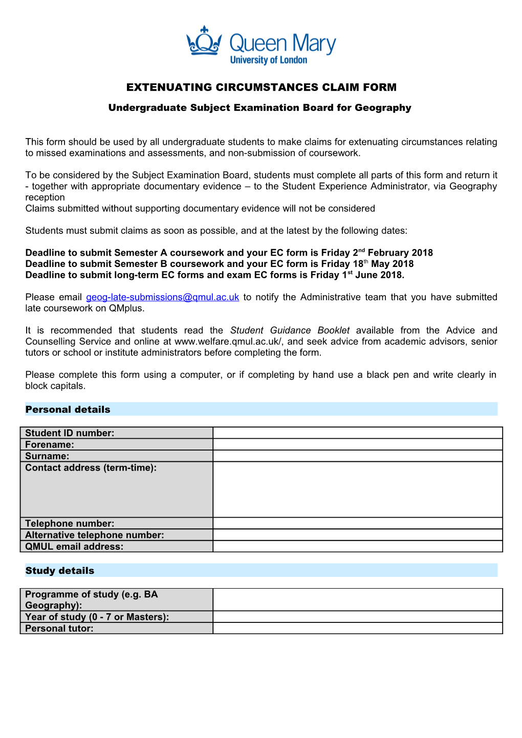 Extenuating Circumstances Claim Form