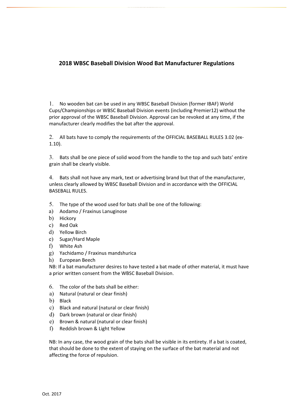2018 WBSC Baseball Division Wood Bat Manufacturer Regulations