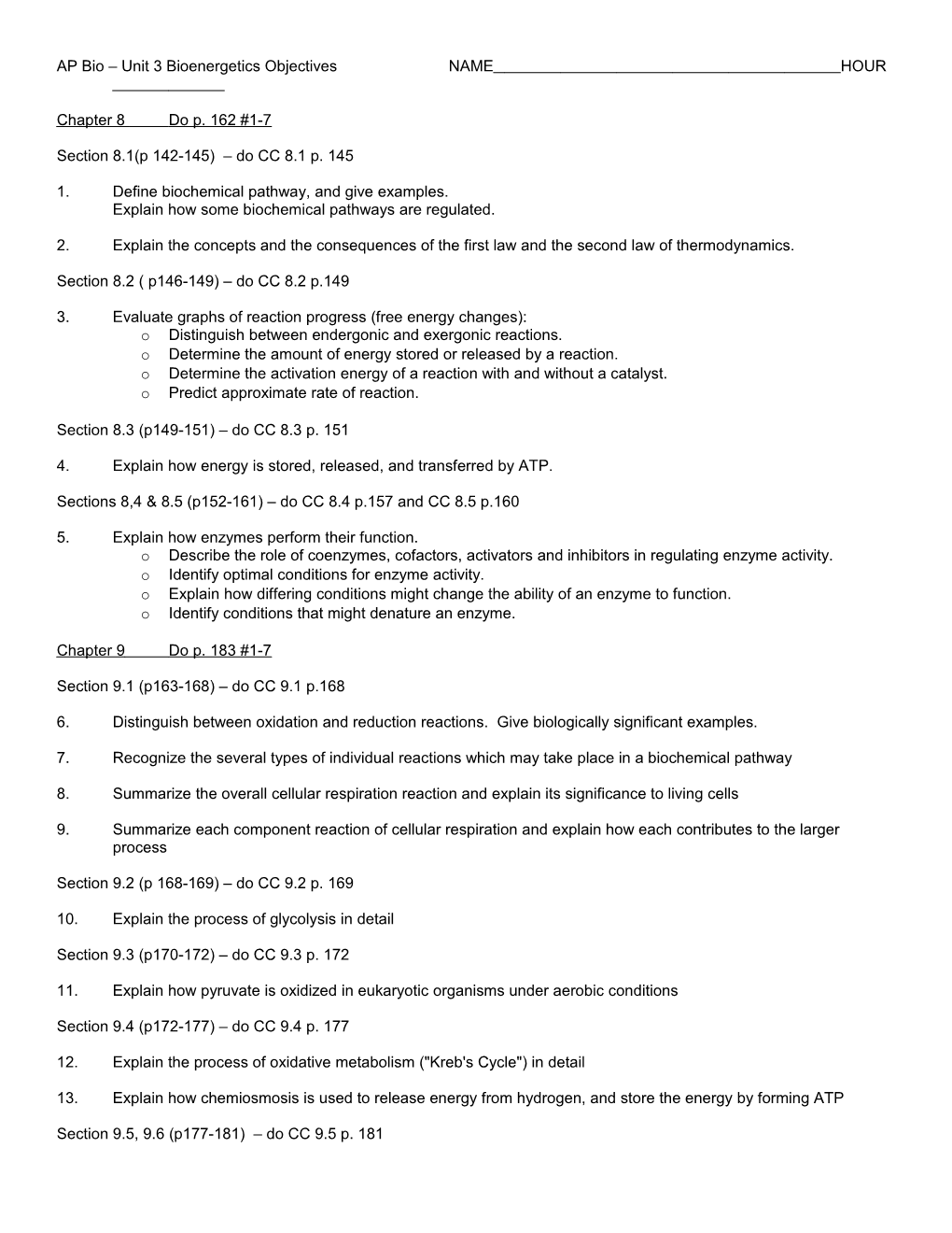 AP Bio Unit 3 Bioenergetics Objectives NAME HOUR