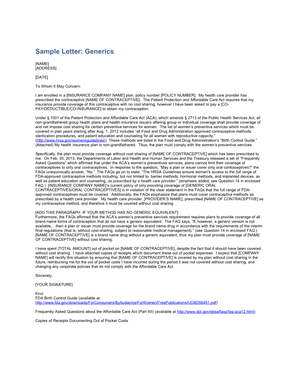 Sample Letter: Generics