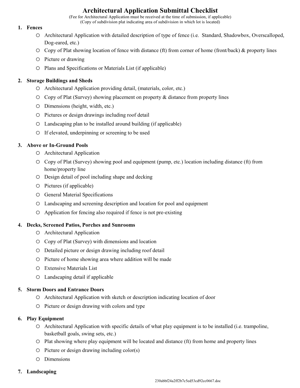 Architectural Application Submittal Checklist