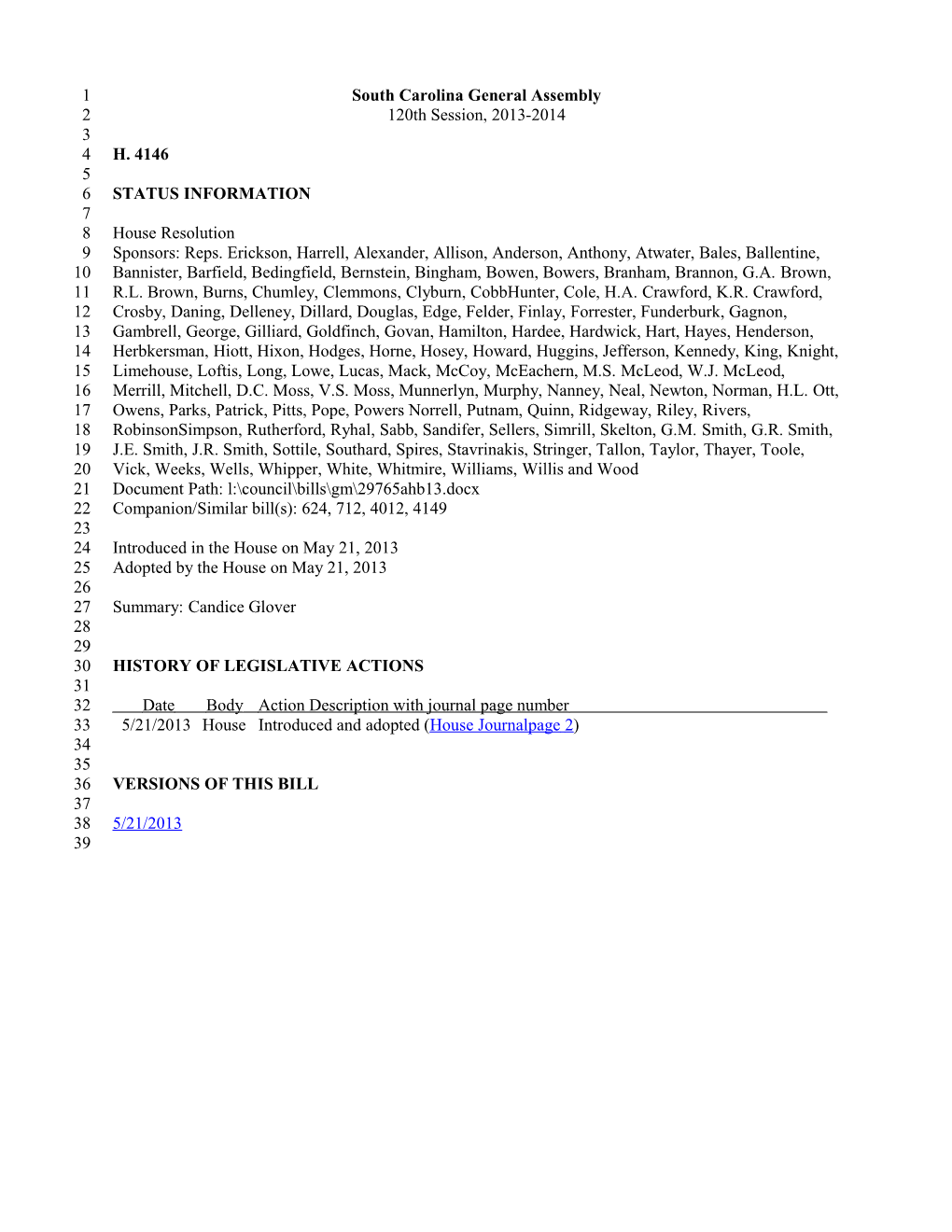 2013-2014 Bill 4146: Candice Glover - South Carolina Legislature Online