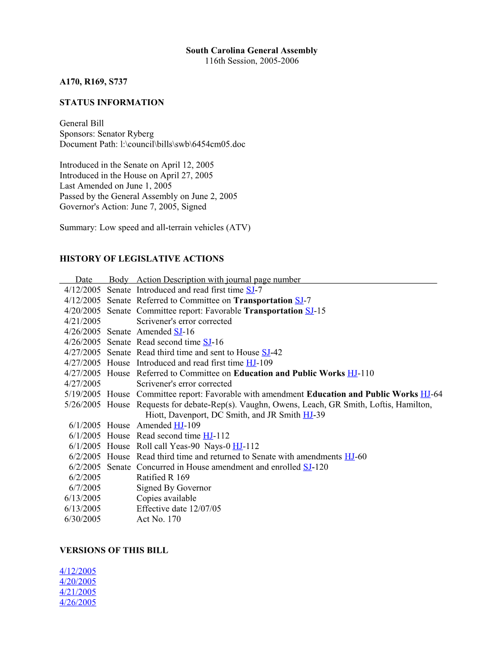 2005-2006 Bill 737: Low Speed and All-Terrain Vehicles (ATV) - South Carolina Legislature Online