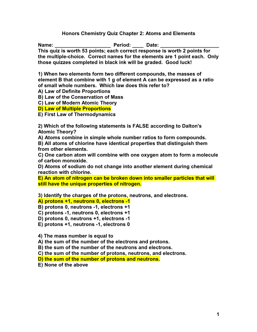 Honors Chemistry Quiz Chapter 2: Atoms and Elements