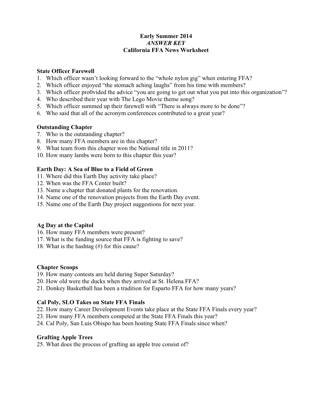 California FFA News Worksheet