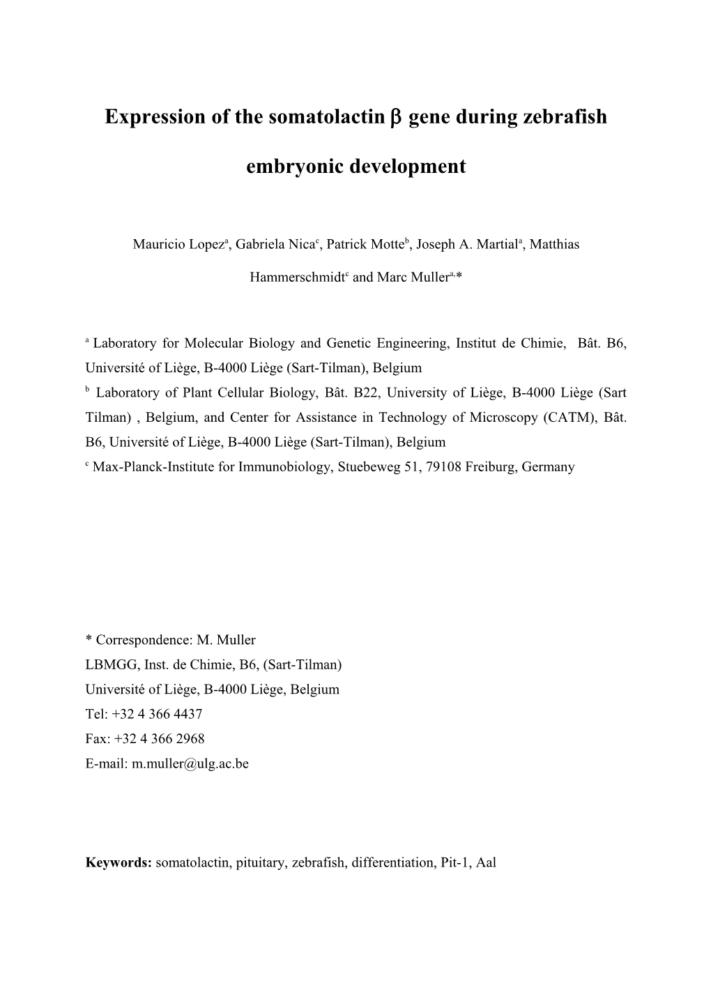 Expression of the Zinc Finger Egr1 Gene During Zebrafish Embryonic Development