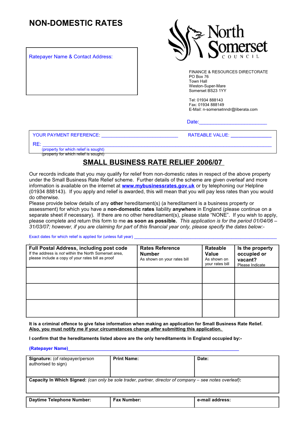 Small Business Rate Relief 2006/07