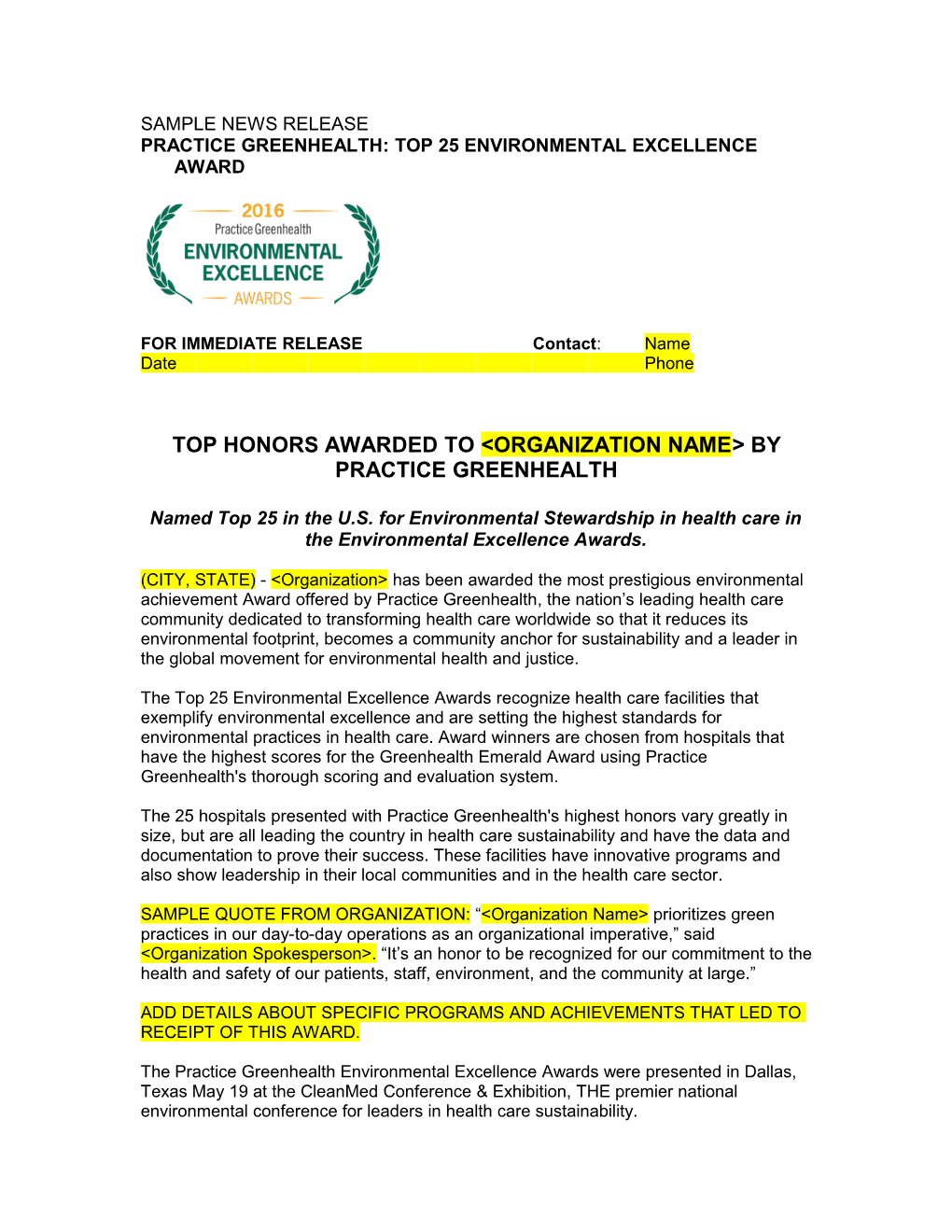 Sample News Release Practice Greenhealth Environmental Leadership Award