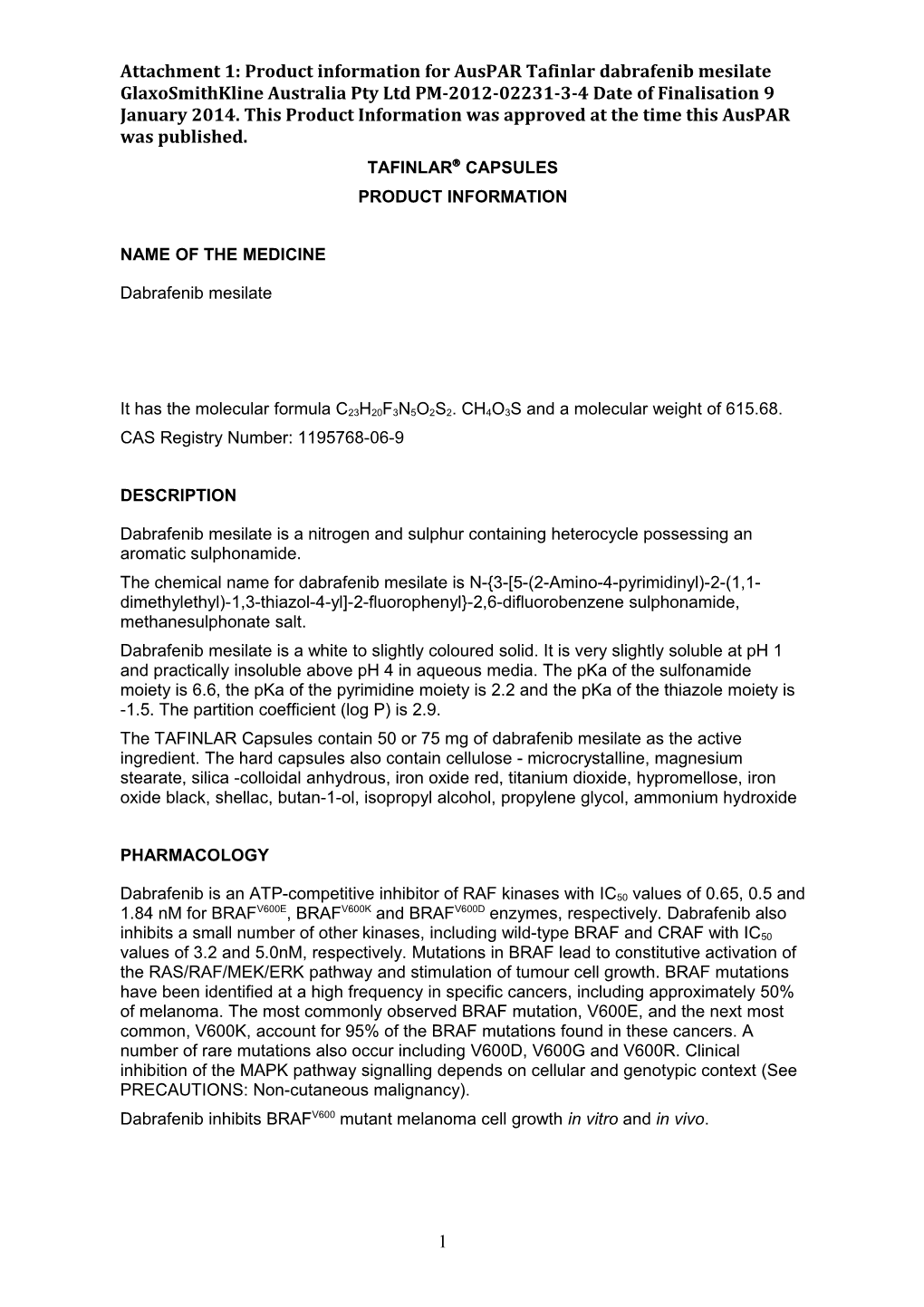 Attachment 1. Product Information for Dabrafenib Mesilate