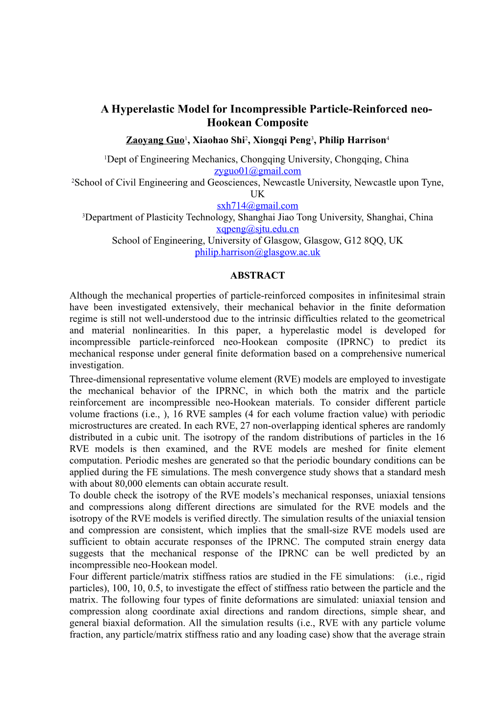 A Hyperelastic Model for Incompressible Particle-Reinforced Neo-Hookean Composite