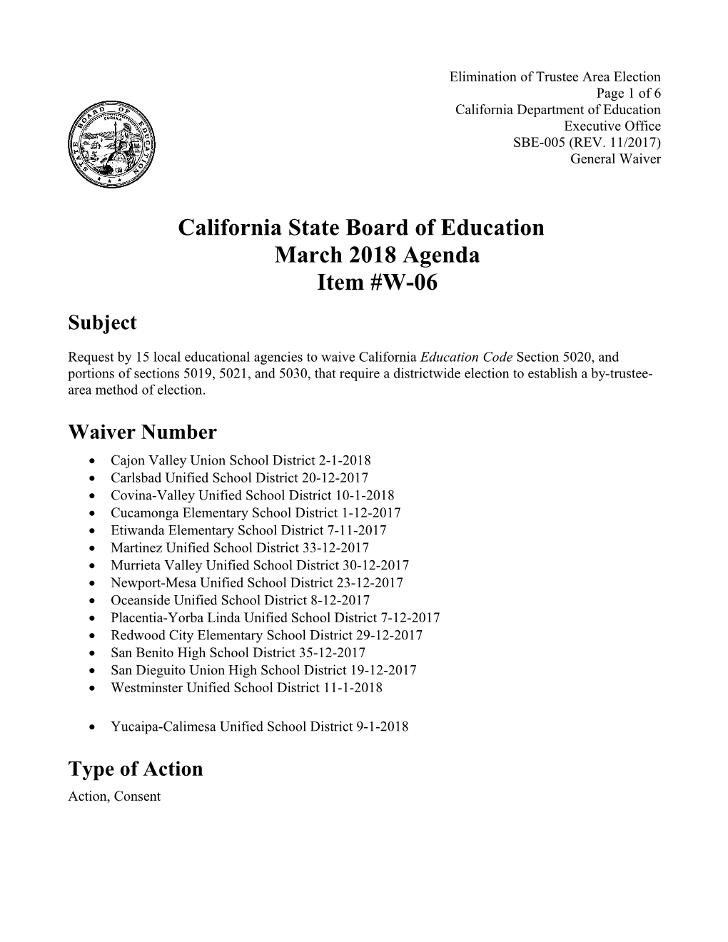 March 2018 Waiver Item W-06 - Meeting Agendas (CA State Board of Education)