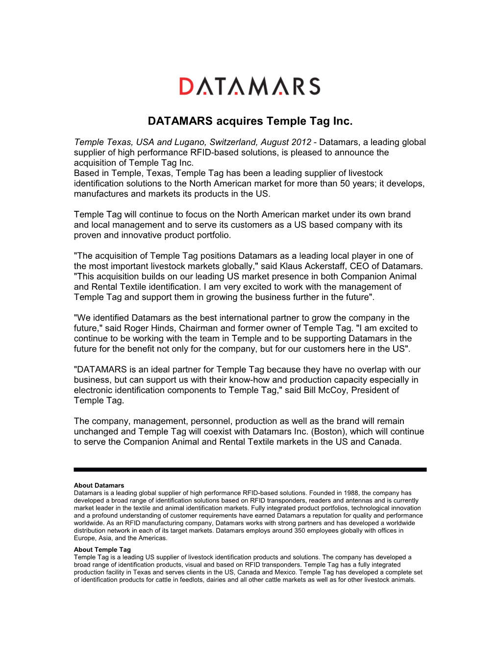 DATAMARS Acquires Temple Tag Inc