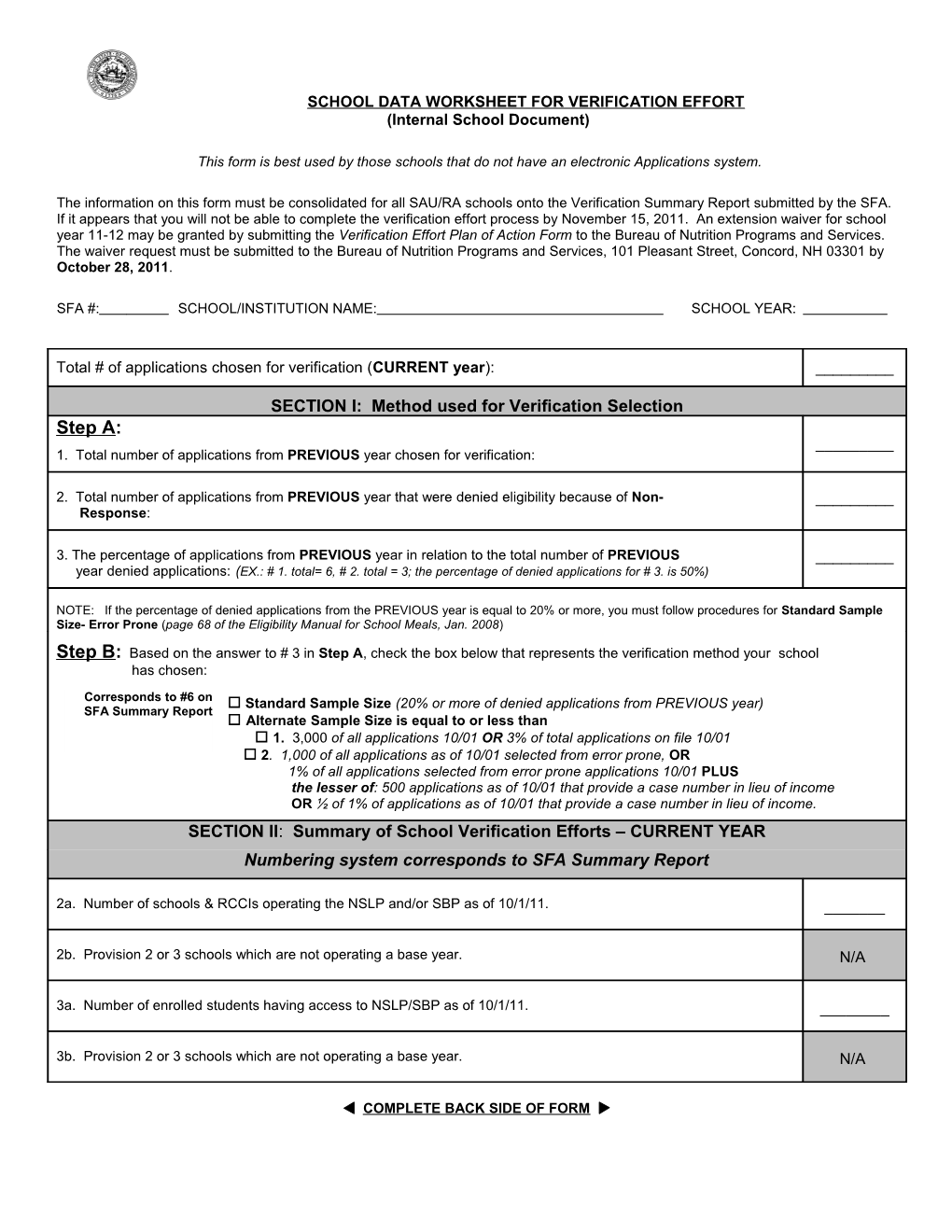 School Data Worksheet for Verification Effort