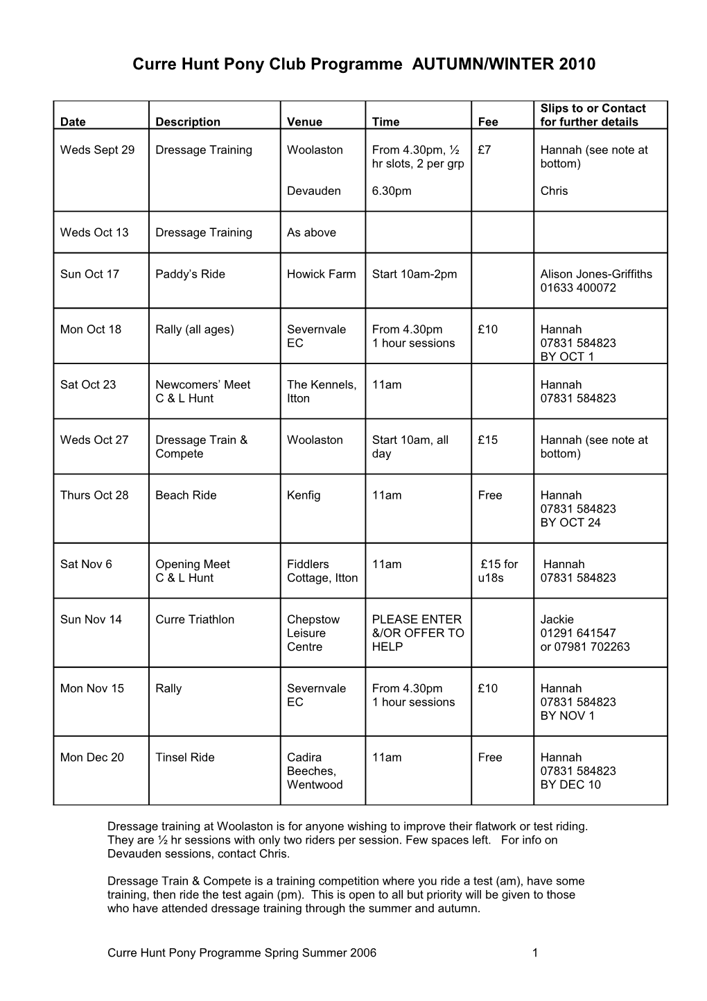 Curre Hunt Pony Club Programme 2006/2007