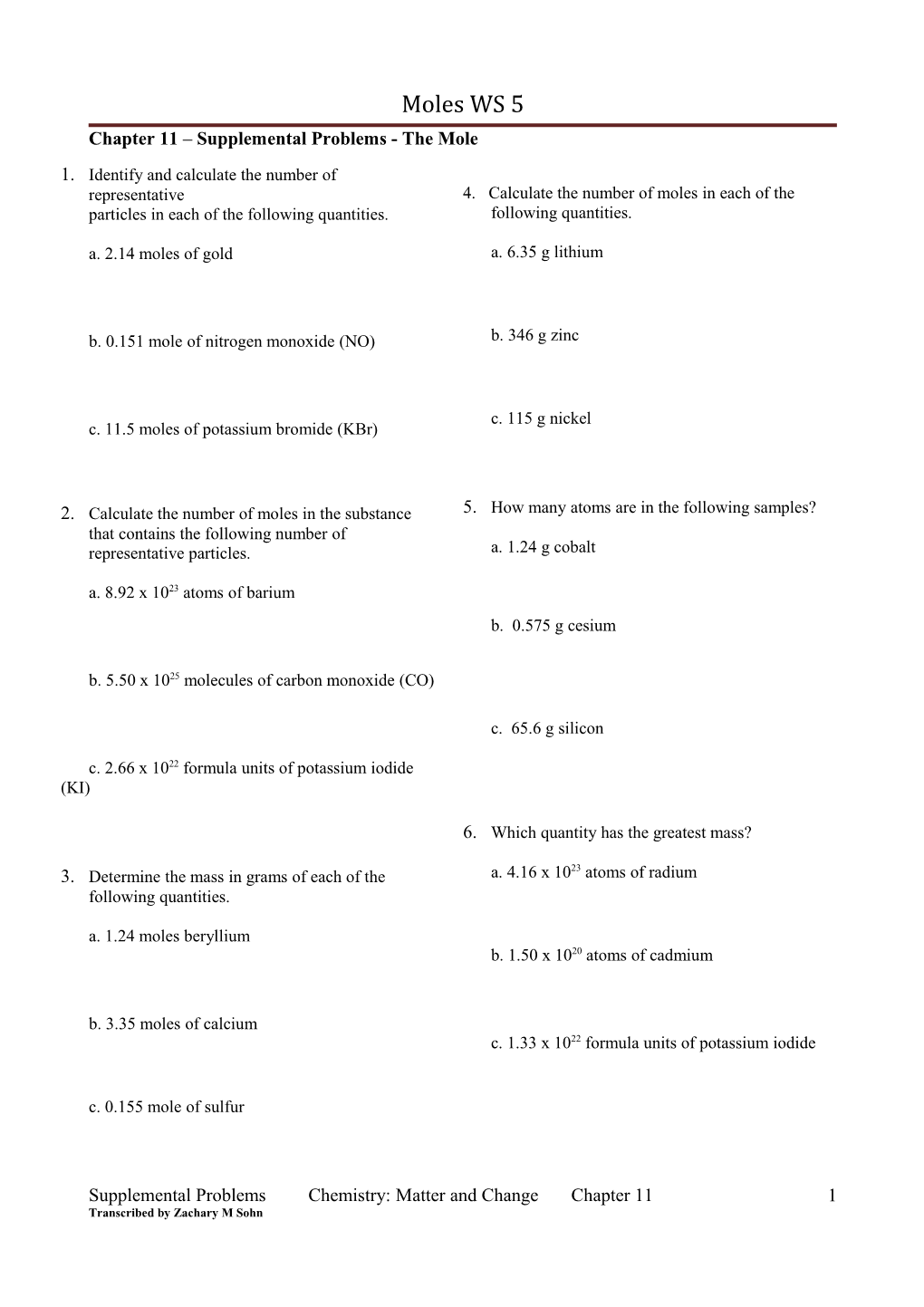 Chapter 11 Supplemental Problems - the Mole