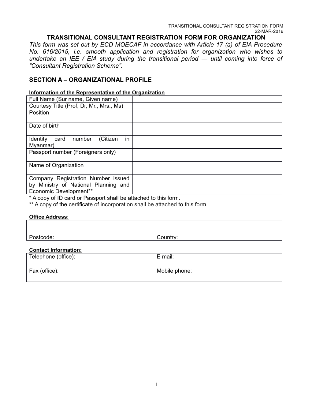 Transitional Consultantregistration Form for Organization