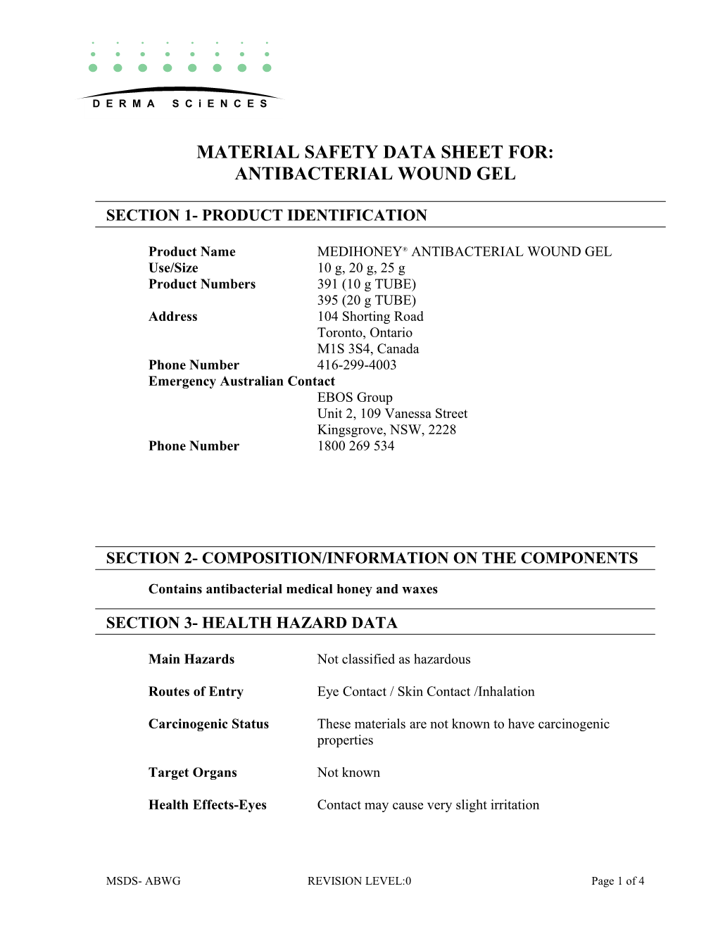 Material Safety Data Sheet For: Antibacterial Wound Gel