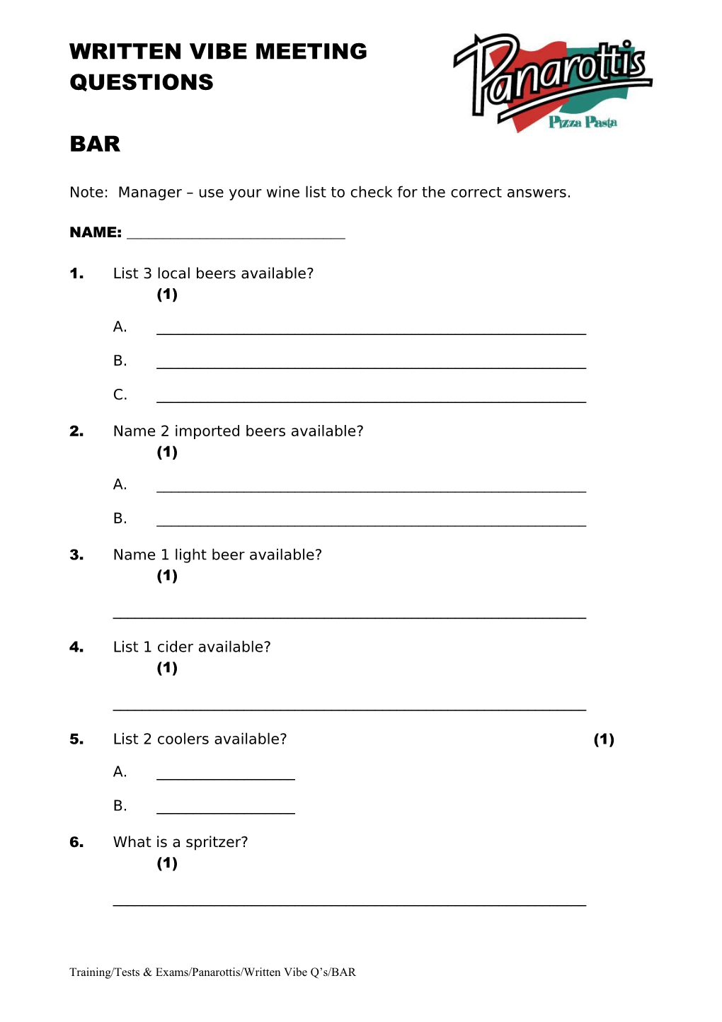 Vibe Meeting - the Bar - Question Sheet (1