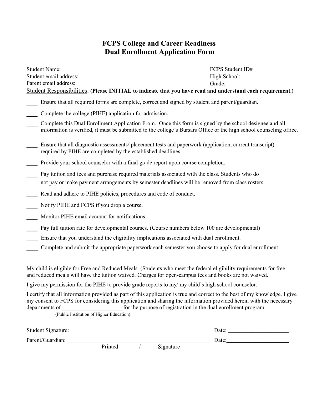 Dual Enrollment Application Form