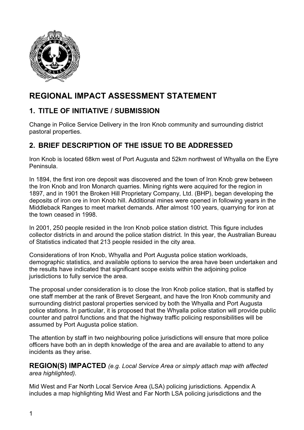 Regional Impact Assessment Statement