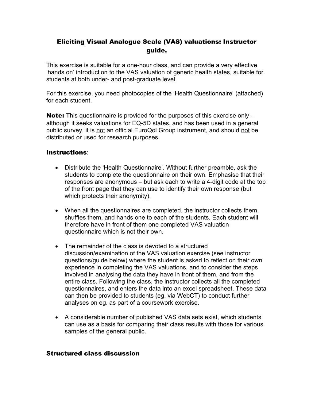 Eliciting Visual Analogue Scale (VAS) Valuations: Instructor Guide