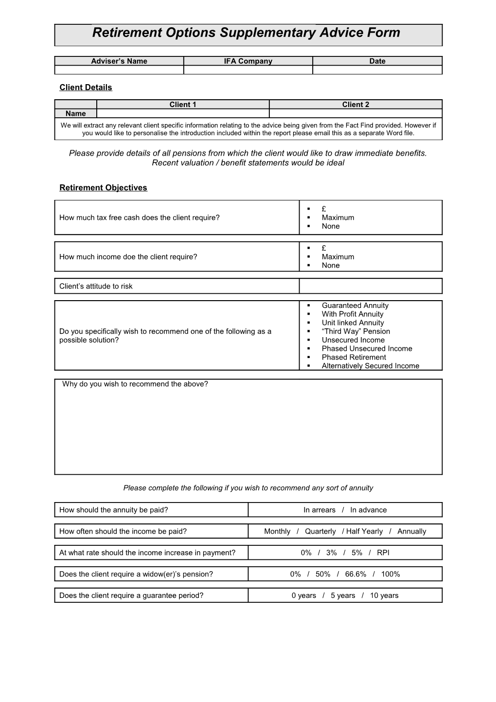 Lump Sum Investment Questionnaire